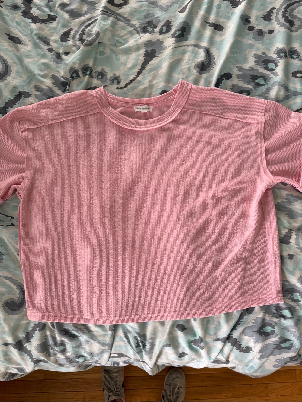 Blu Pepper Pink Cropped Waffle Knit Short Sleeve Top